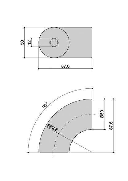 Raccordo corrimano 90° Ø 50 legno C2 misure